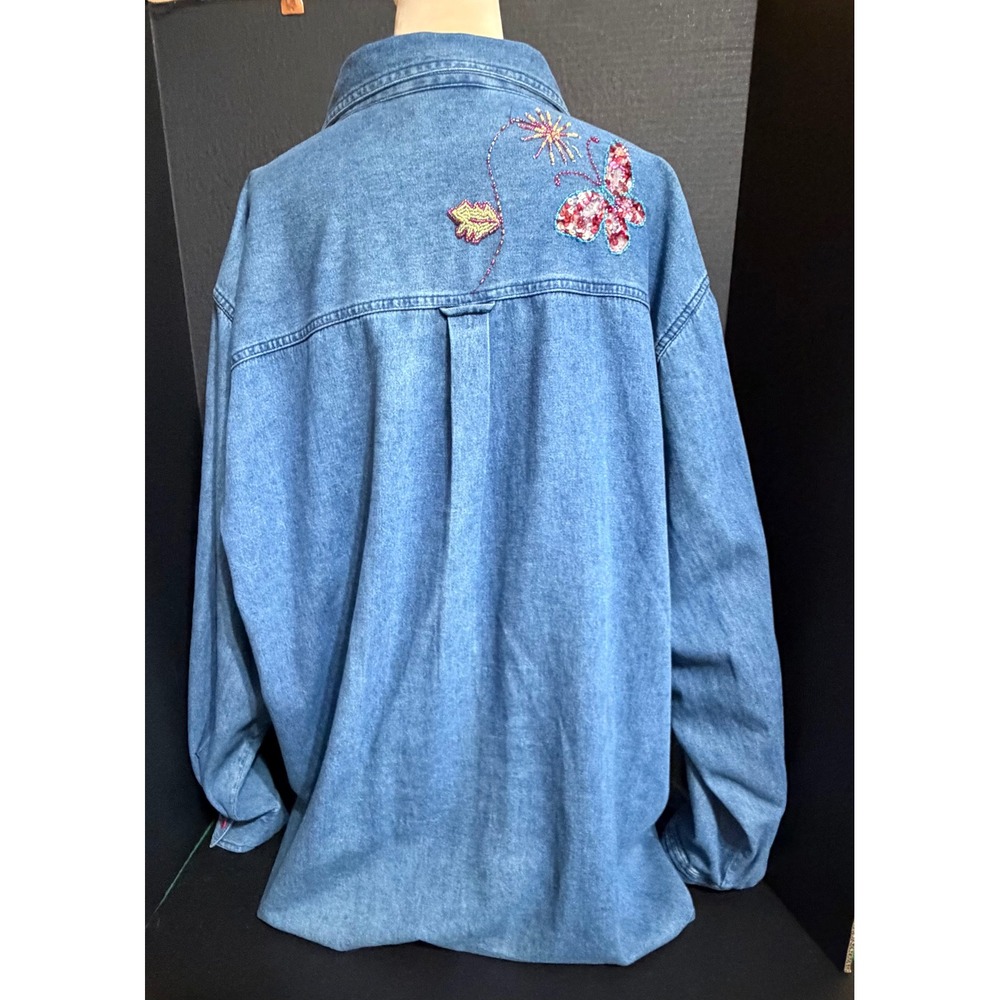 Butterfly Sequin Beaded Embellished Floral Quacker Factory Womens 2X Denim Shirt - Picture 5 of 8